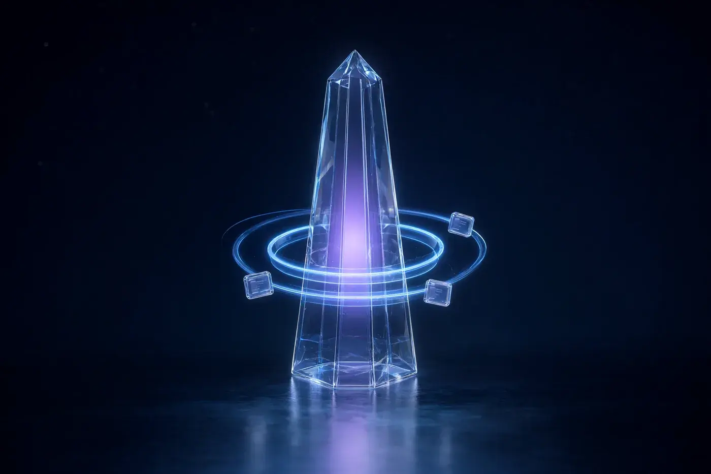 A tall glass beacon surrounded by concentric rings of blue light