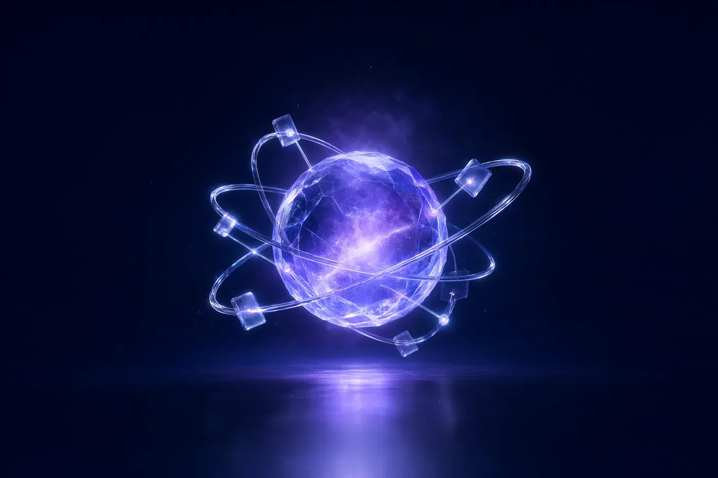 A luminous violet data core encircled by glass orbital rings and floating media panels
