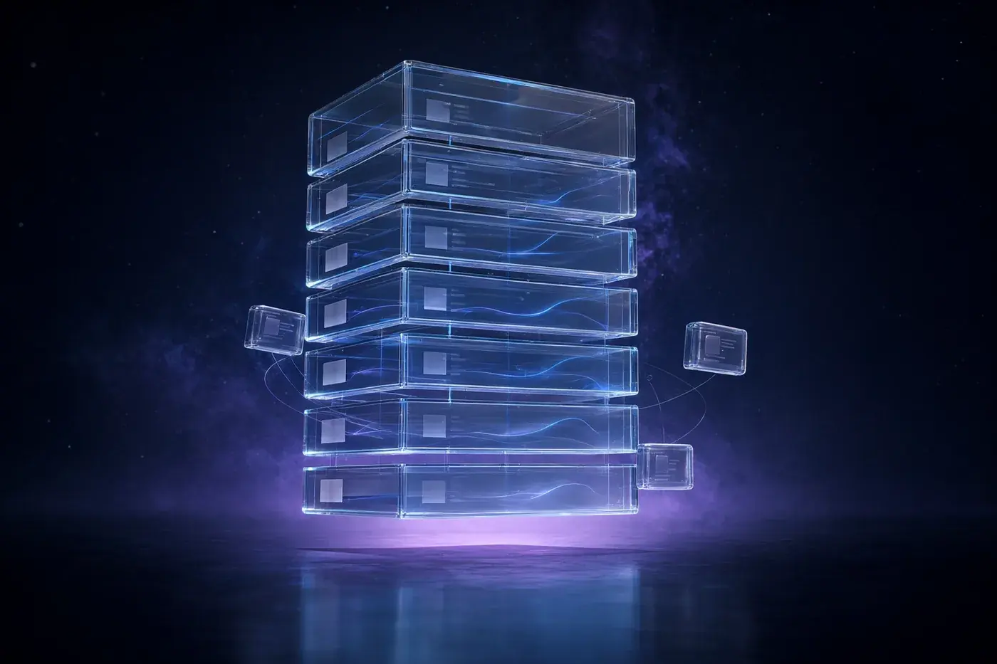 A tower of translucent glass layers connected by threads of blue light