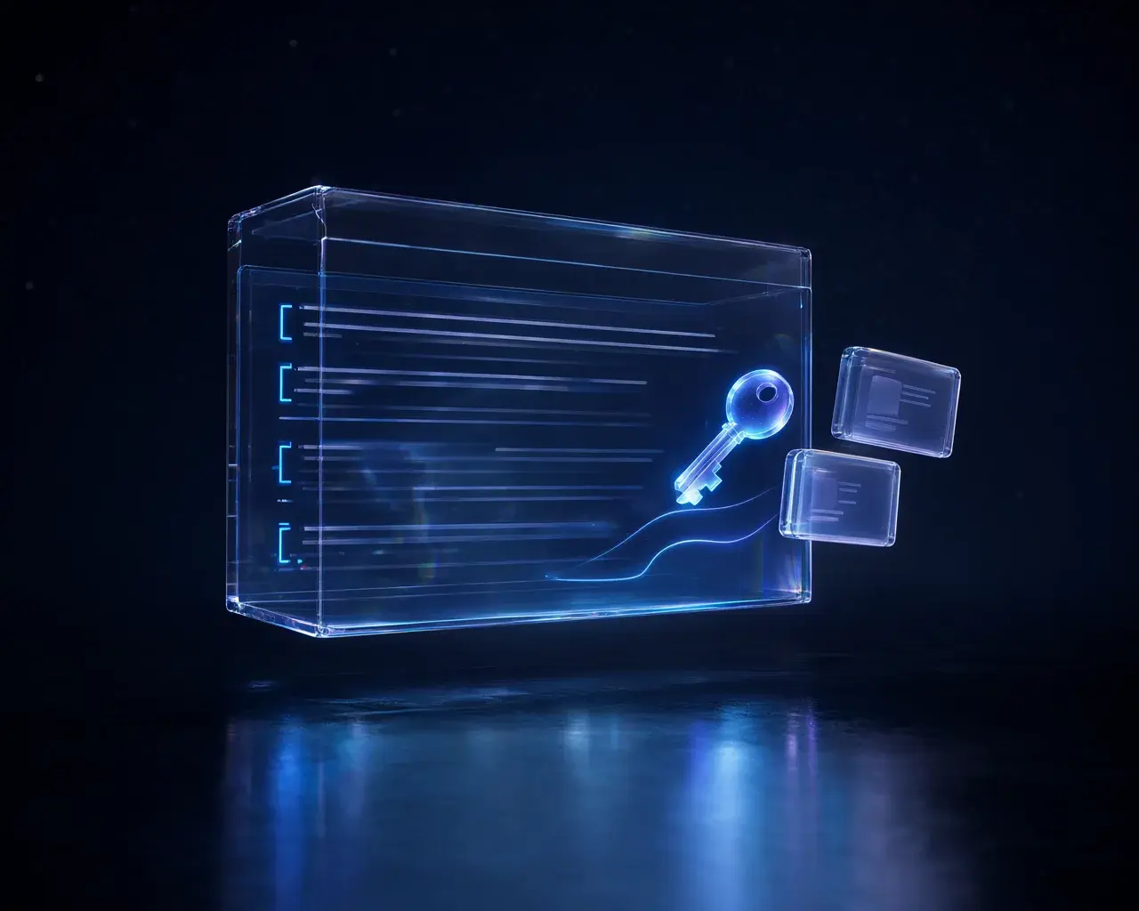 A floating glass terminal with abstract code, a glass API key, and documentation cards