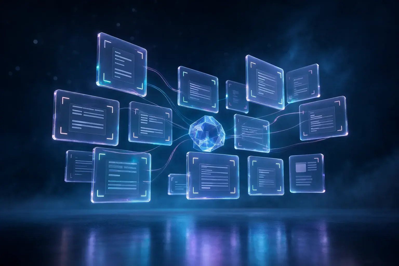 Floating glass documentation panels connected to a central data node