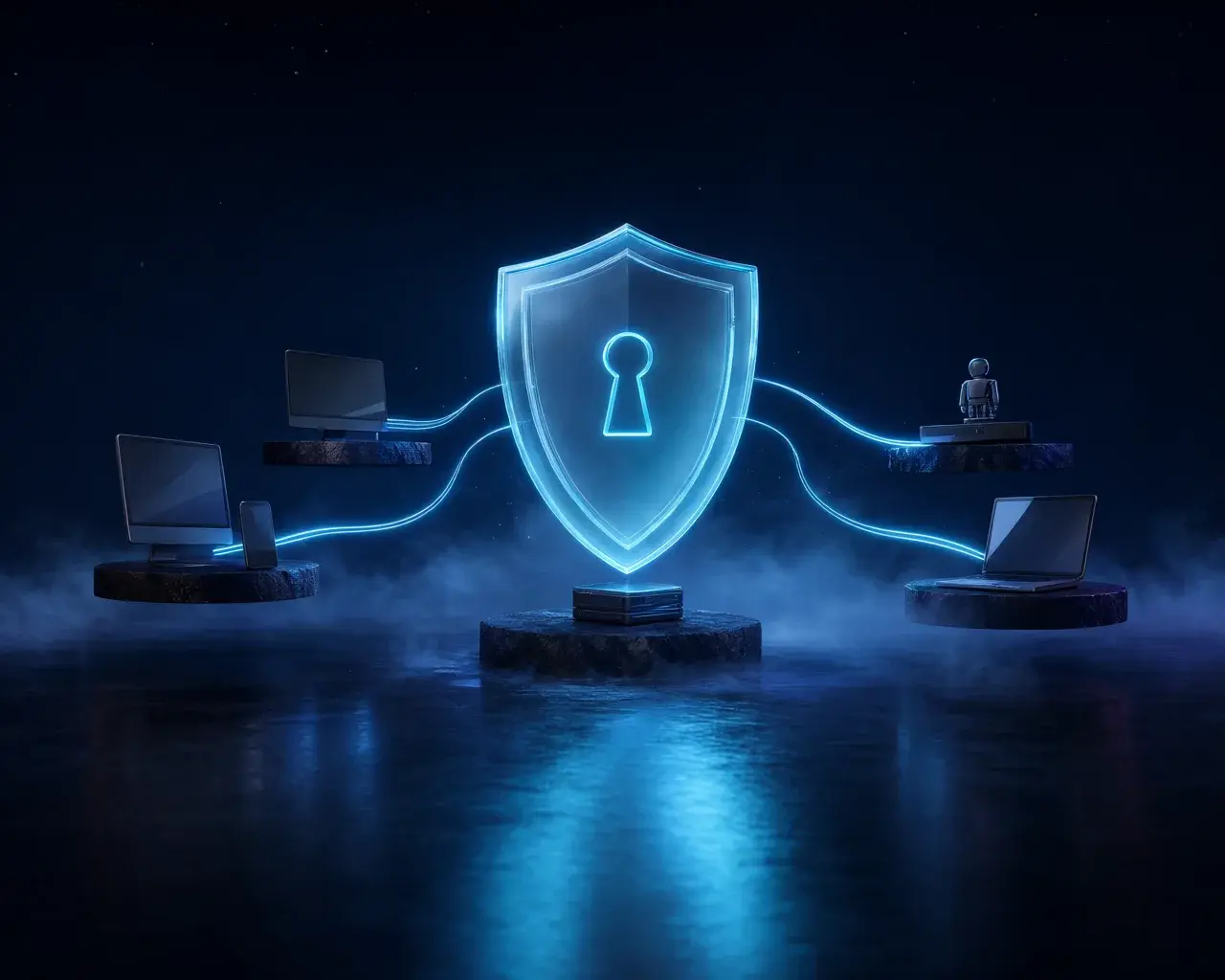 A glowing shield with a keyhole connecting desktop, mobile, and bot devices