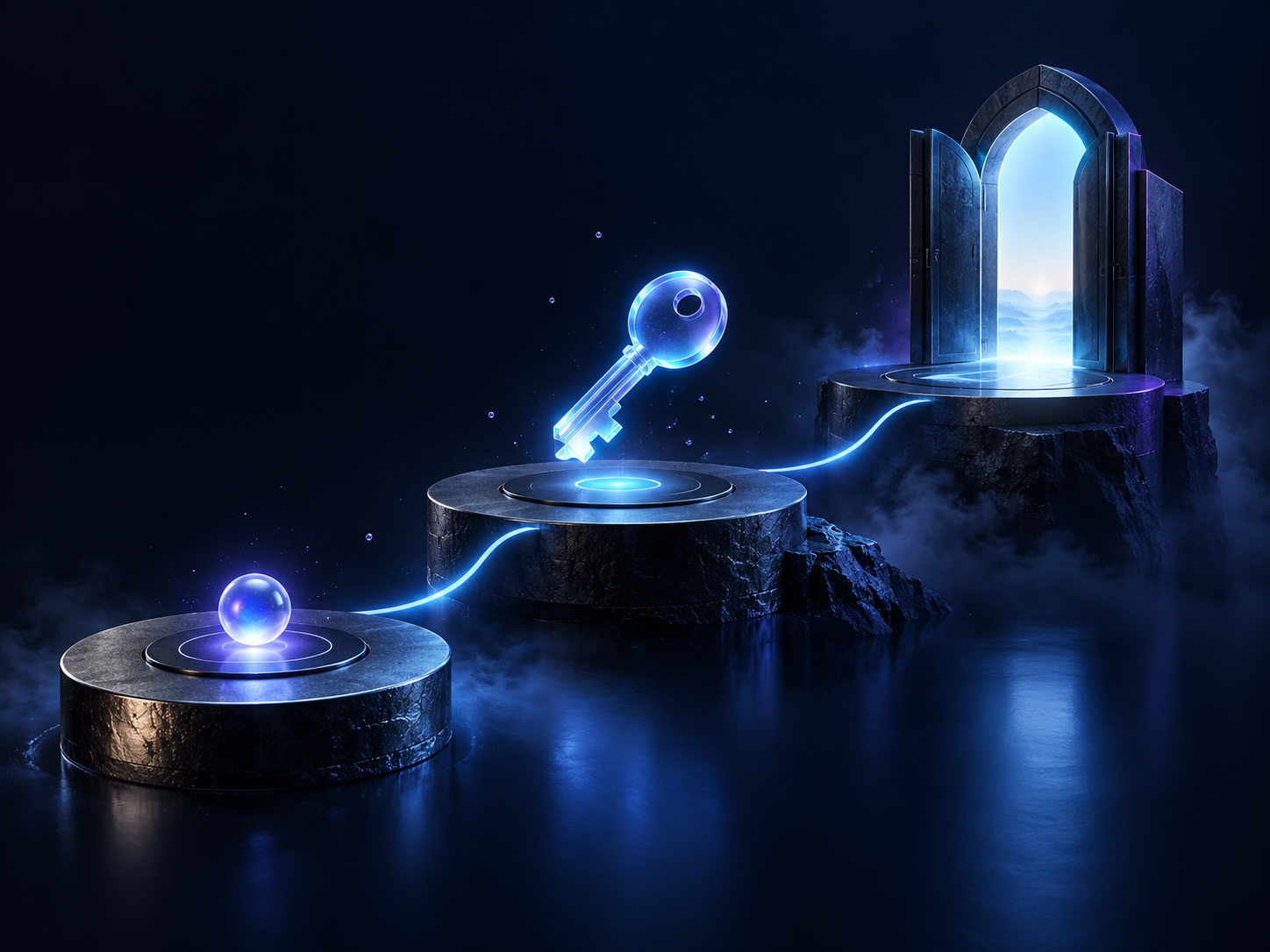 A glass key above three connected steps leading toward a glowing open gateway
