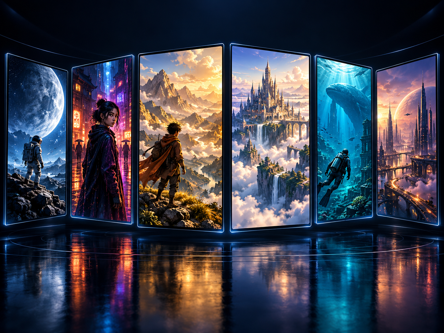 A floating collection of original science fiction, drama, anime, and fantasy poster artworks