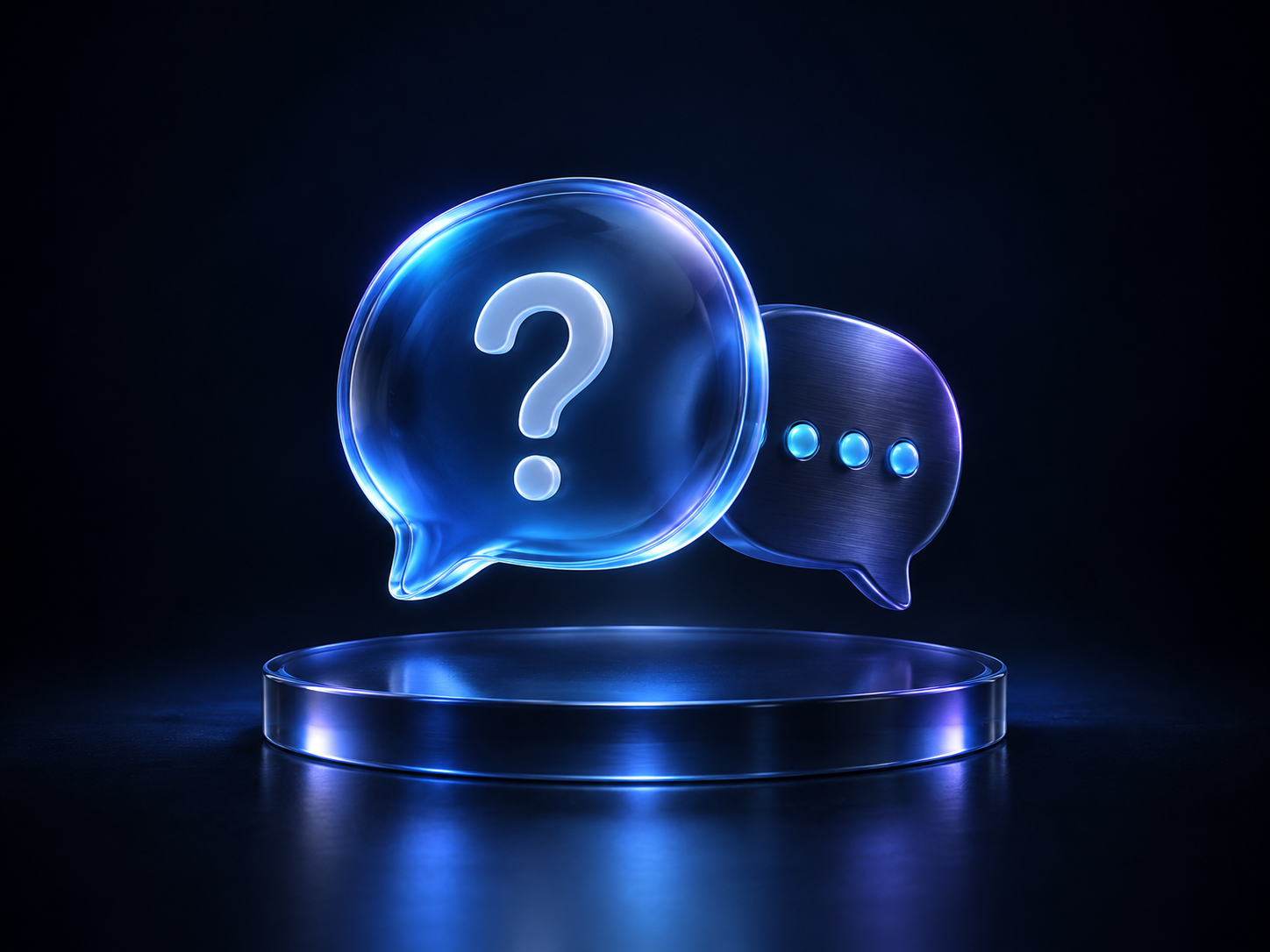 Blue glass conversation bubbles with a question mark, representing integration support