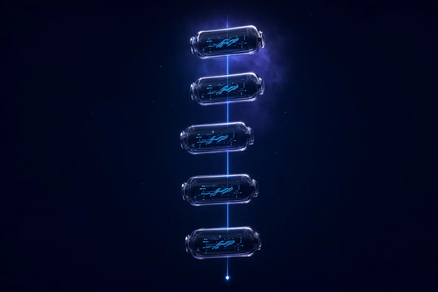 A vertical timeline of glass release capsules joined by a thread of blue light