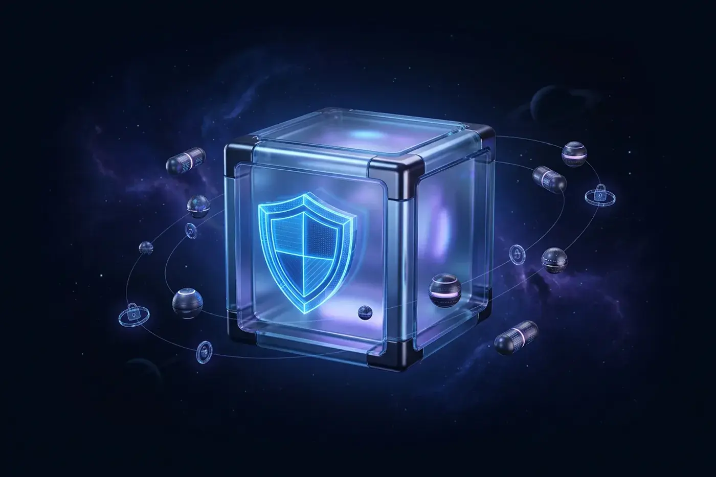 A glass data vault with a glowing shield, orbited by encrypted data capsules in deep space